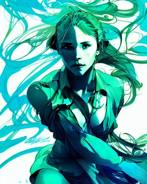 Image similar to style of yoji shinkawa, artgerm, joshua middleton, beautiful kristen bell with green dress, very long blue hair, water powers water swirling, symmetrical face, symmetrical eyes, detailed, beach setting, cinematic lighting