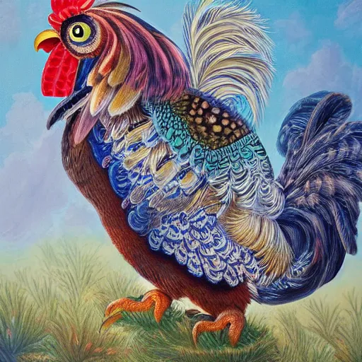 Prompt: hybrid bird cross between rooster and an owl detailed oil painting luminescent magical realism 4 k