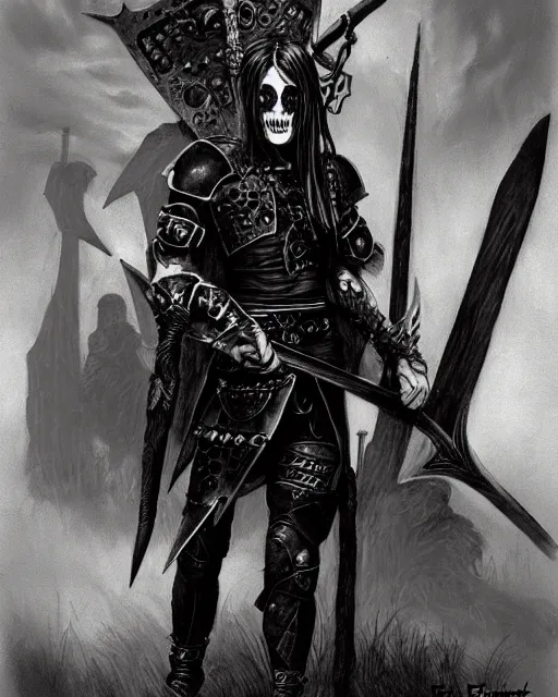 Image similar to portrait of a skinny punk goth warrior wearing armor by frank fazetta, fantasy, barbarian, hardcore