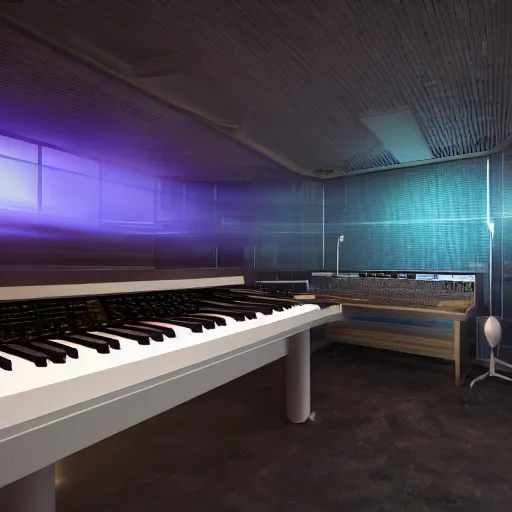 Prompt: Futuristic Music Studio, atmospheric lighting, cinematic, 8k