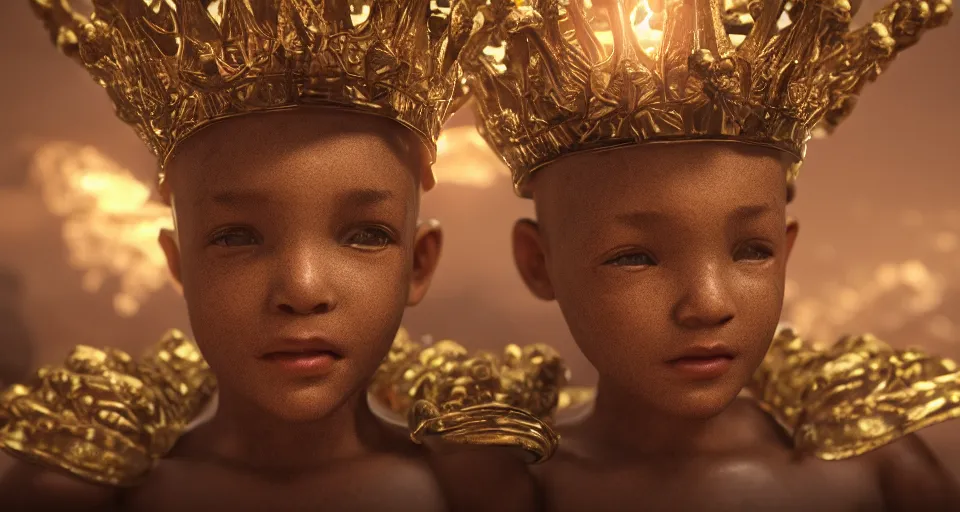 Prompt: One lightskinned baby boy with curly short hair as a king, wearing a golden crown, stunning photo, cinematic lighting, perfect composition, 8K, ultra-detailed , Trending on artstation, Octane render, Unreal Engine, highly detailed,