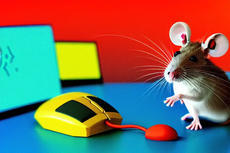 Prompt: A mouse is working on a computer detailed, colorful, 4k, in the style of retro future,