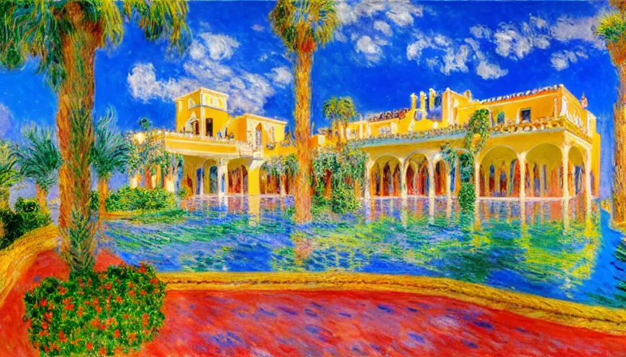 Image similar to a 1 9 9 8 southern spain palace!!! costa blanca, designed by claude monet, bispo do rosario, arnold bocklin, tarsila do amaral and gustave baumann, cheval michael, warm, mediterranean, star, sharp focus, colorful refracted sparkles and lines, soft light, 8 k 4 k