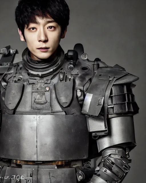 Image similar to Korean Actor Park Solomon as Kazuki Fuse in Live Action Jin Roh: The Wolf Brigade, wearing full armor holding his MG 42 machine Gun, Studio Lighting, shot in the Style of Annie Leibovitz, Mamoru Ushii