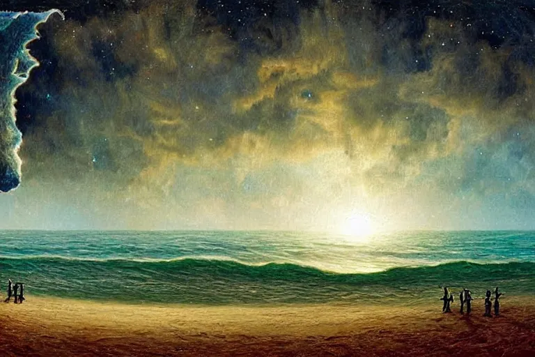 Image similar to miskatonic university big bang seascape in the style of dr. seuss,'interstellar directed by christopher nolan ', painting by albert bierstadt