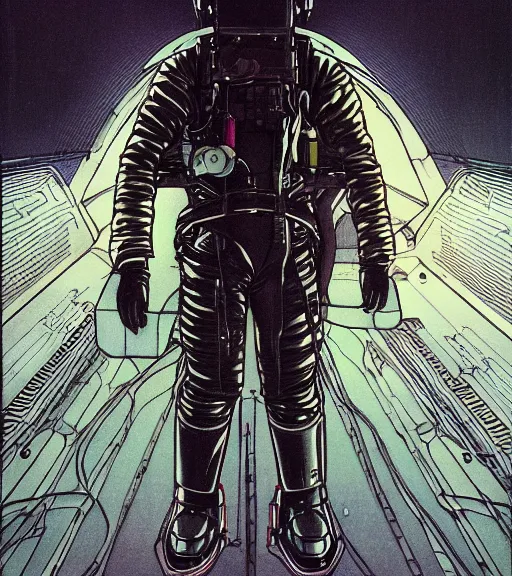 Prompt: cyberpunk japanese man with long limbs and a black spacesuit on a spacewalk outside of their ship, techwear, Industrial Scifi, detailed illustration, character portrait, by Martin Grip and Moebius