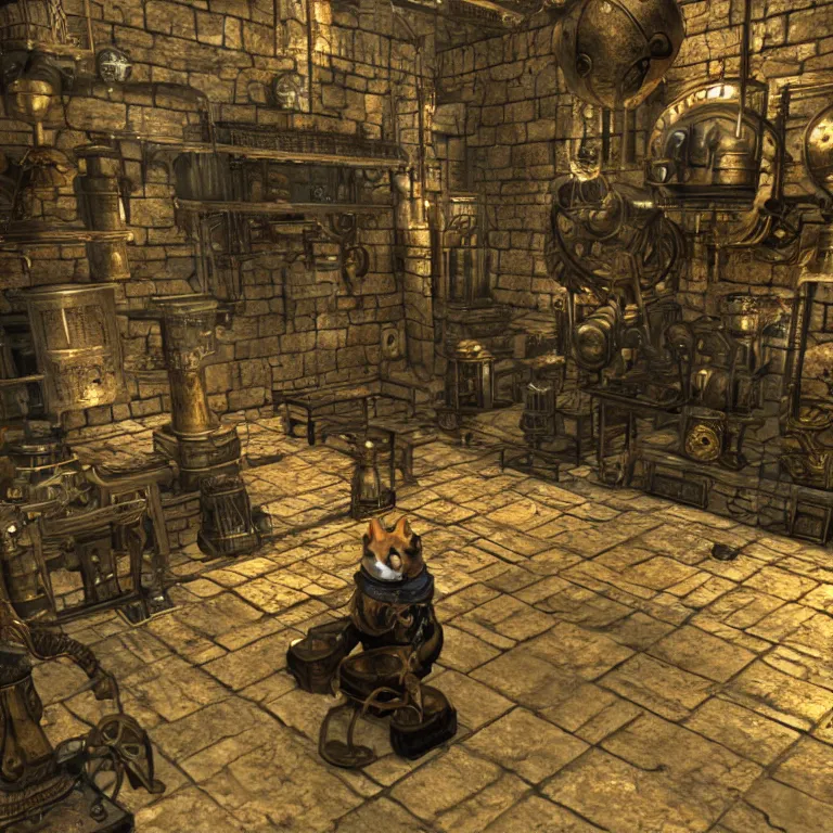 Prompt: a brass and steampunk mechanical shiba inu sitting in a dwarven dungeon, skyrim pc screenshot