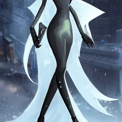 Image similar to This android personal bodyguard is a true beauty, with a design that resembles both Gardevoir from Pokémon and 2B from Nier Automata. Her utopian vibes and photorealistic character are truly something to behold, and her outrunner aesthetic is truly trendsetting. This 8k UHD image is a hyper realistic render with intricate details that will leave you breathless.