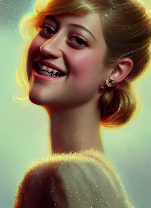 Image similar to portrait of lili reinhart with fluffy bangs, smiling kindly, bangs, 1 9 6 0 s, ponytail, curly bangs and ponytail, intricate, elegant, glowing lights, highly detailed, digital painting, artstation, concept art, smooth, sharp focus, illustration, art by wlop, mars ravelo and greg rutkowski