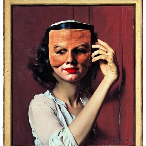 Image similar to frontal portrait of a woman with a theater mask, by norman rockwell