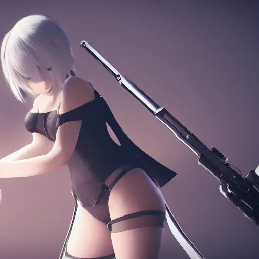 Image similar to 2B nier automata holding a gun, 4k, unreal engine render, trending in artstation, artstationHD, artstationHQ