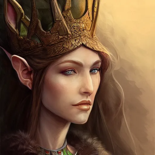 Prompt: portrait of an elf queen, D&D, fantasy, highly detailed, digital painting, artstation, concept art, smooth, sharp focus, illustration, art by Annie Leibovitz and Marta Dahlig