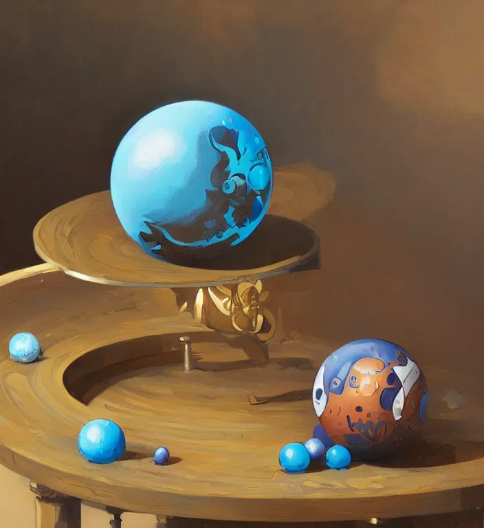 Prompt: a blue ball on a table, artwork by Peter Mohrbacher and Dan Mumford