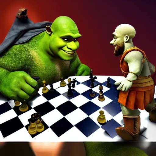 Prompt: Shrek Plays Chess with Kratos