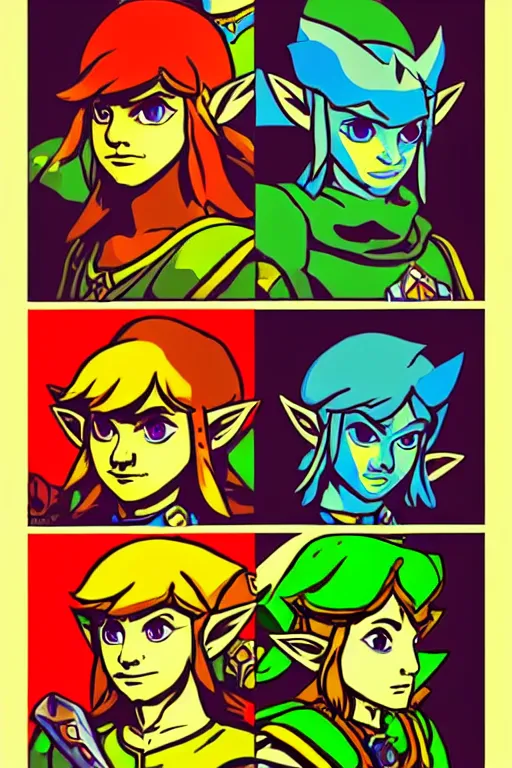 Image similar to legend of zelda nimbus quartet. pop art, no duplicate image, glowing lights, ultra details, digital painting, artstation, concept art, smooth, sharp focus, illustration, intecrate details, art by richard hamilton and mimmo rottela, pixels art by paul robertson