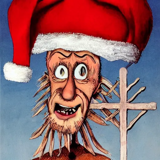 Image similar to a detailed portrait painting of santa on the cross by gerald scarfe and ralph steadman