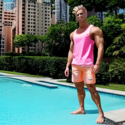 Image similar to a handsome male fitness model with blonde hair, ken, who is a male android, muscular, wearing a cut - off pink top and short light orange shorts, stands by a swimming pool, facing forward