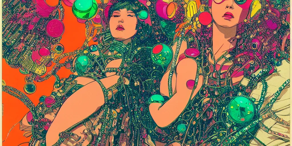 Image similar to risograph grainy drawing vintage sci - fi, satoshi kon color palette, gigantic beautiful bejeweled armored woman full - body covered in colourful gems, 1 9 6 0, kodak, metal wires, natural colors, codex seraphinianus painting by moebius and satoshi kon and alberto mielgoб extreme close - up portrait