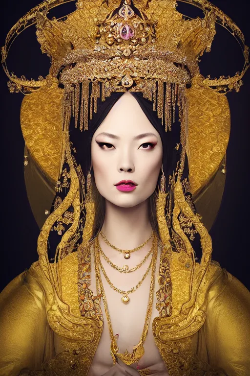 Image similar to a beautiful empress portrait, with a brilliant, impossible striking shiny big gold headpiece, reflective surface, gold clothes, rococo, baroque, jewels, asian, realistic, studio lighting, closeup, D&D, fantasy, intricate, elegant, highly detailed, digital painting, artstation, octane render, 8k, concept art, matte, sharp focus, illustration, art by Artgerm and Greg Rutkowski and Alphonse Mucha