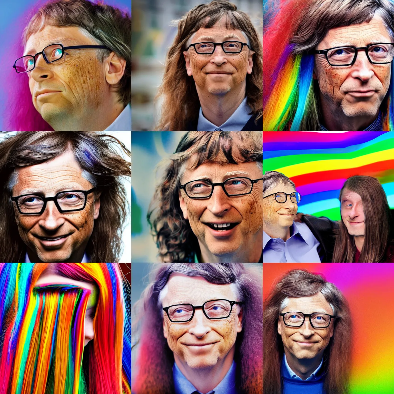 Prompt: real photograph, bill gates long hair rainbow colored, in legnica, macro head shot, photo mid shot