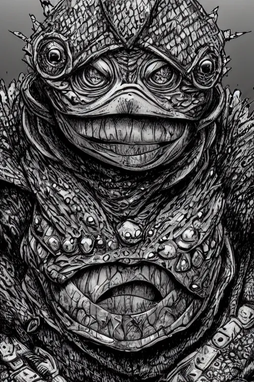 Prompt: humanoid toad warrior, wearing armour, swamp, symmetrical, highly detailed, digital art, sharp focus, trending on art station, kentaro miura manga art style