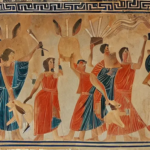 Image similar to an ancient greek mural of rabbits partying