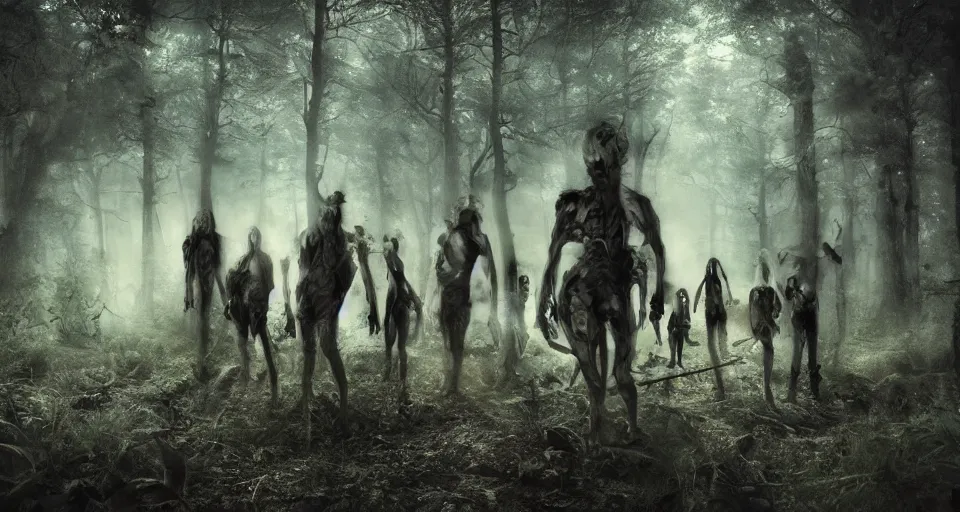 Prompt: an epic action photorealistic masterpiece of a group of werelions, in a forest made of nightmares, horrific digital art, extremely moody lighting, style of chippy