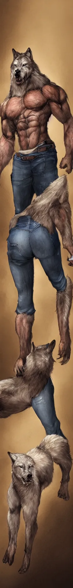 Prompt: portrait of a muscular wolf wearing jeans in a kitchen, furry art, 4k, trending on artstation