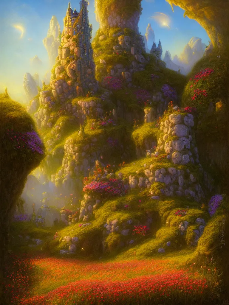 Prompt: a wizard tower by Justin Gerard, field of flowers, morning light