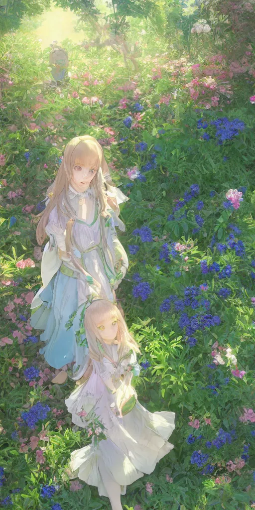 Image similar to a digital art of a loli with long hair in a dress in the privet garden at after noon, green and warm theme, blue flowers accents, back lighting, by krenz cushart and mucha and akihito yoshida and greg rutkowski and makoto shinkai, highly detailed, 4 k resolution, trending on art station