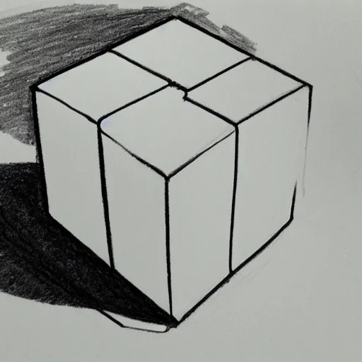 Prompt: An educational artist's demonstration of a single simple cube drawn in two point perspective. Sketch.