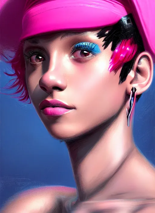 Image similar to portrait of teenage vanessa morgan with bright pink hair, black girl, curly pixie cut hair, wearing newsboy cap, pink short haircut, newsboy cap, hoop earrings, blue eyes, intricate, elegant, glowing lights, highly detailed, digital painting, artstation, concept art, smooth, sharp focus, illustration, art by wlop, mars ravelo and greg rutkowski