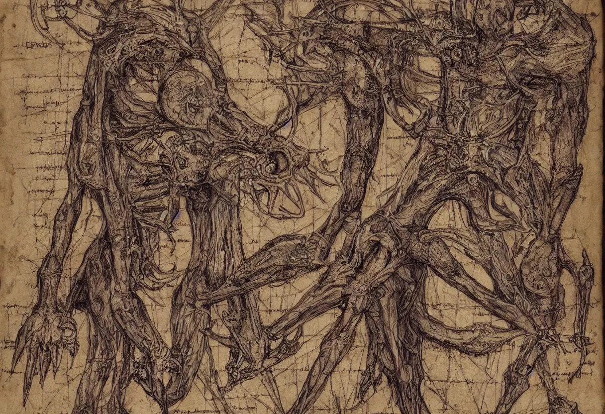 Prompt: blueprint of demonic manuscripts from necronomicon book drawn and written in blood, plenty annotations sumerian language, hyper realism, realistic, dramatic lighting, octane render, highly detailed, cinematic lighting, cinematic, art by leonardo da vinci