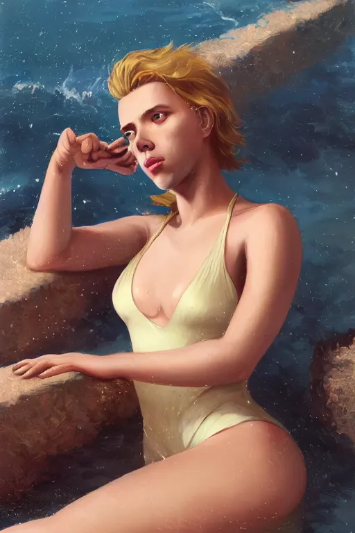 Prompt: a fancy portrait of Scarlett Johansson in a swimsuit by Greg Rutkowski, Sung Choi, Mitchell Mohrhauser, Maciej Kuciara, Johnson Ting, Maxim Verehin, Peter Konig, final fantasy , mythical, 8k photorealistic, cinematic lighting, HD, high details, atmospheric,