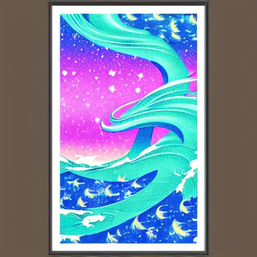 Prompt: acid design style, ukiyo - e, waves of space lightning butterfly, aurora, galaxy, mist,