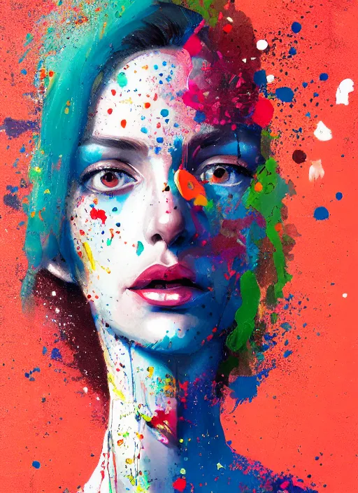 Prompt: a paint splatter portrait of a woman with very long legs vibrant color scheme, highly detailed, in the style of romanticism, cinematic, artstation, moebius, greg rutkowski