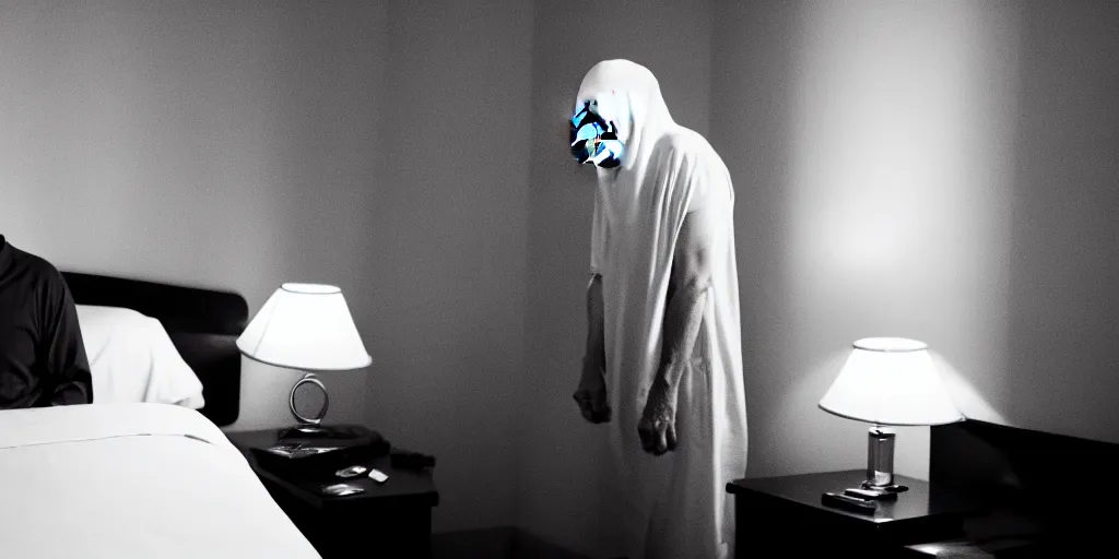 Prompt: a still shot of a scary male ghost in a hotel room, horror