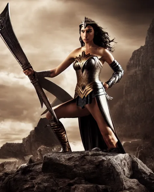 Image similar to gal gadot as queen conan, directed by john millius, photorealistic, sitting on a metal throne, wearing ancient cimmerian armor, a battle axe to her side, cinematic photoshoot in the style of annie leibovitz, studio lighting