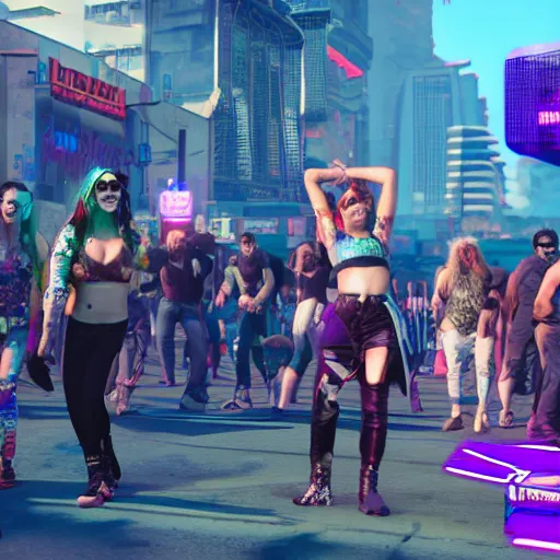 Image similar to Dancing hippies Cyberpunk 2077. CP2077. 3840 x 2160