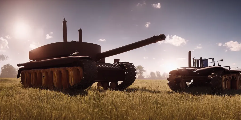 Image similar to tank and tractor standing close to each other, highly detailed, photorealistic portrait, bright studio setting, studio lighting, crisp quality and light reflections, unreal engine 5 quality render