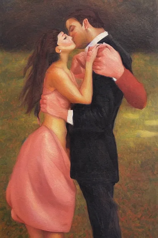 Prompt: man kisses girl beautiful harmony oil painting