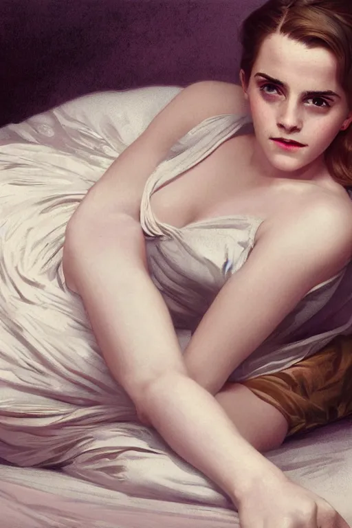 Image similar to Emma Watson lying on the bed in sleepwear, medium shot, intricate, elegant, highly detailed, digital painting, volumetric light, artstation, concept art, smooth, sharp focus, illustration, art by Gil Elvgren and Greg Rutkowski and Alphonse Mucha, 8K