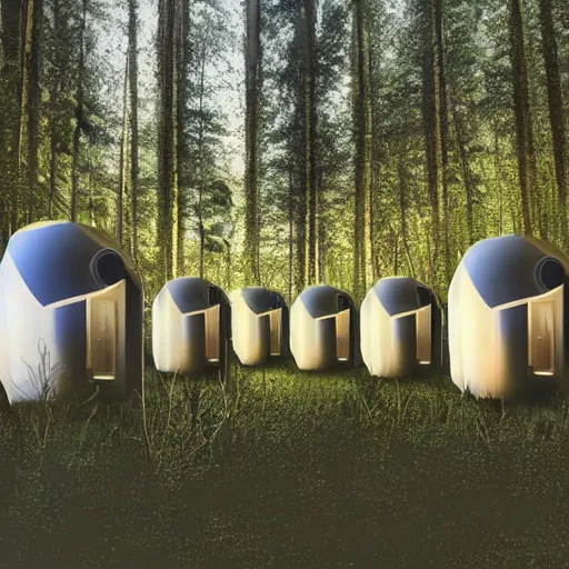 Image similar to beautiful happy picturesque charming organic futuristic sci - fi town of pod homes integrated in a forest area. water and trees. beautiful light. grainy and rough. soft colour scheme. beautiful artistic vector graphic design art by lurid. ( 2 0 2 2 )