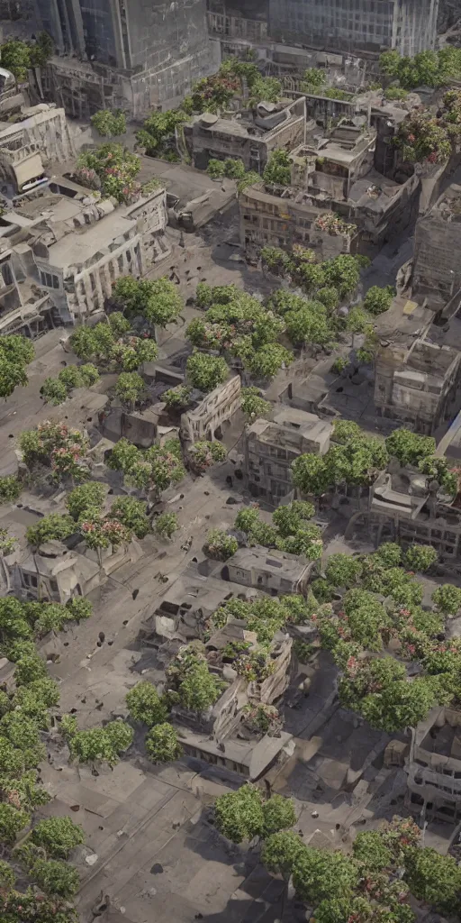 Image similar to a photorealistic city scape of buildings that are old and distressed with flowers growing out of the rubble, render in unreal engine 5,