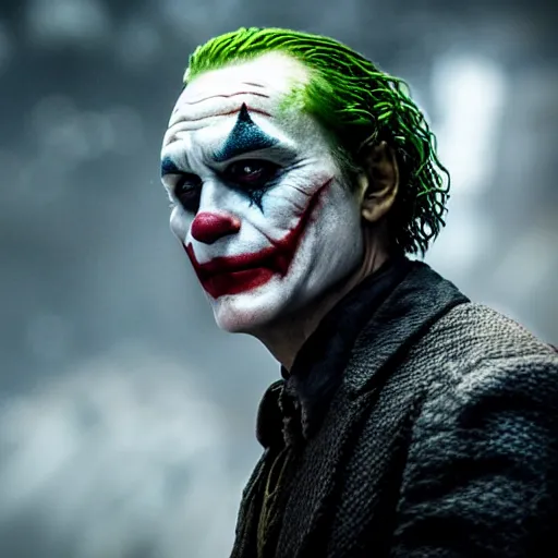 Image similar to the joker in game of thrones, 4 k, epic, cinematic, focus, movie still, serious, extreme detail, atmospheric, dark colour