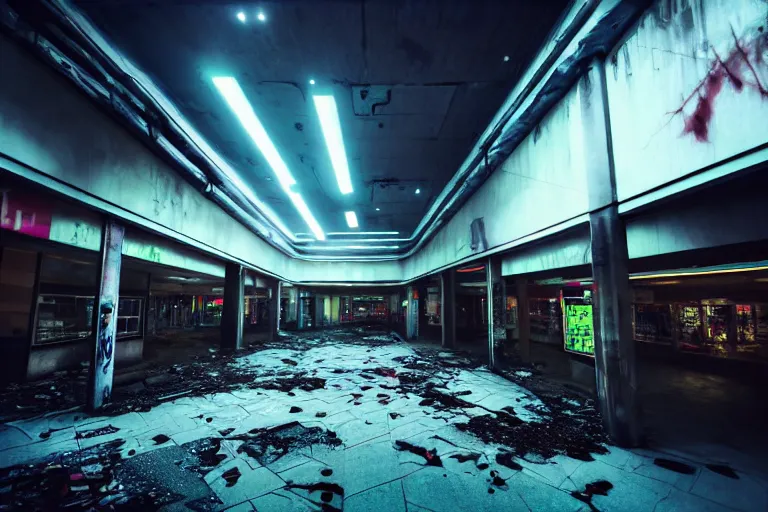 Image similar to low angle photo of a abandoned cyberpunk shopping mall, dead bodies flying, cinematic lightning, ray tracing, unreal engine, photorealistic, detailed, dark, moody, foggy, scary