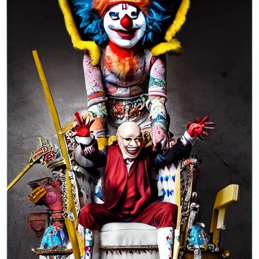 Image similar to klaus schwab wearing bizarre clown makeup, and intricate clown costume, sitting on a throne in an abandoned bathroom, by rossdraws, vivid colors, studio lighting, digital artwork, uhd, best of artstation