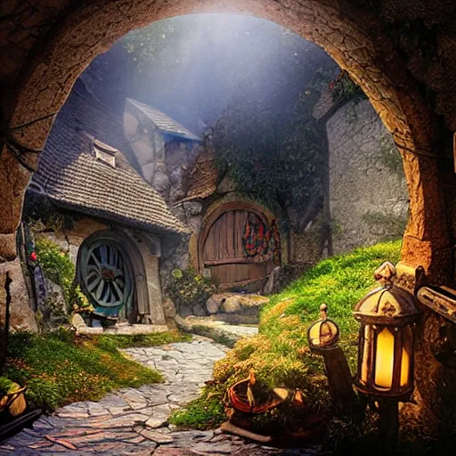 Image similar to my precious! - the hobbit - j. r. r. tolkien - a medieval village in switzerland, ornate, beautiful, atmosphere, vibe, flowers, concept art illustration, greg rutowski, volumetric lighting, sunbeams, particles