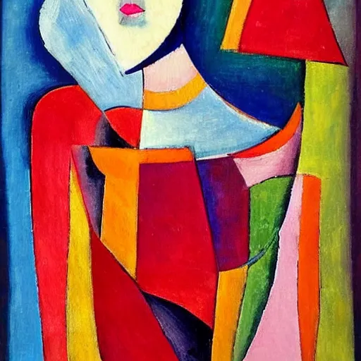 Image similar to woman in glorious robes rose up vast as the skies, old as the mountains and formless as starlight to shelter the precious memories, matter, messages, abstract art in the style of cubism and georgia o keefe