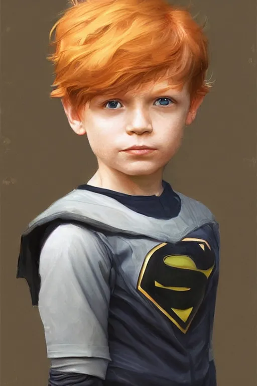 Image similar to a little boy with a michievous face and ginger hair. he is dressed as a superhero. clean elegant painting, beautiful detailed face. by artgerm and greg rutkowski